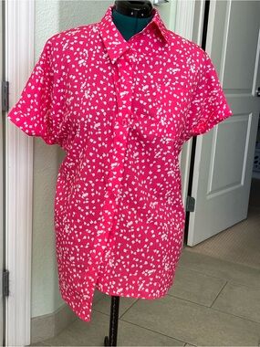 Bright Pink Short-Sleeve Asymmetrical Top with White Abstract Dot Print XXL